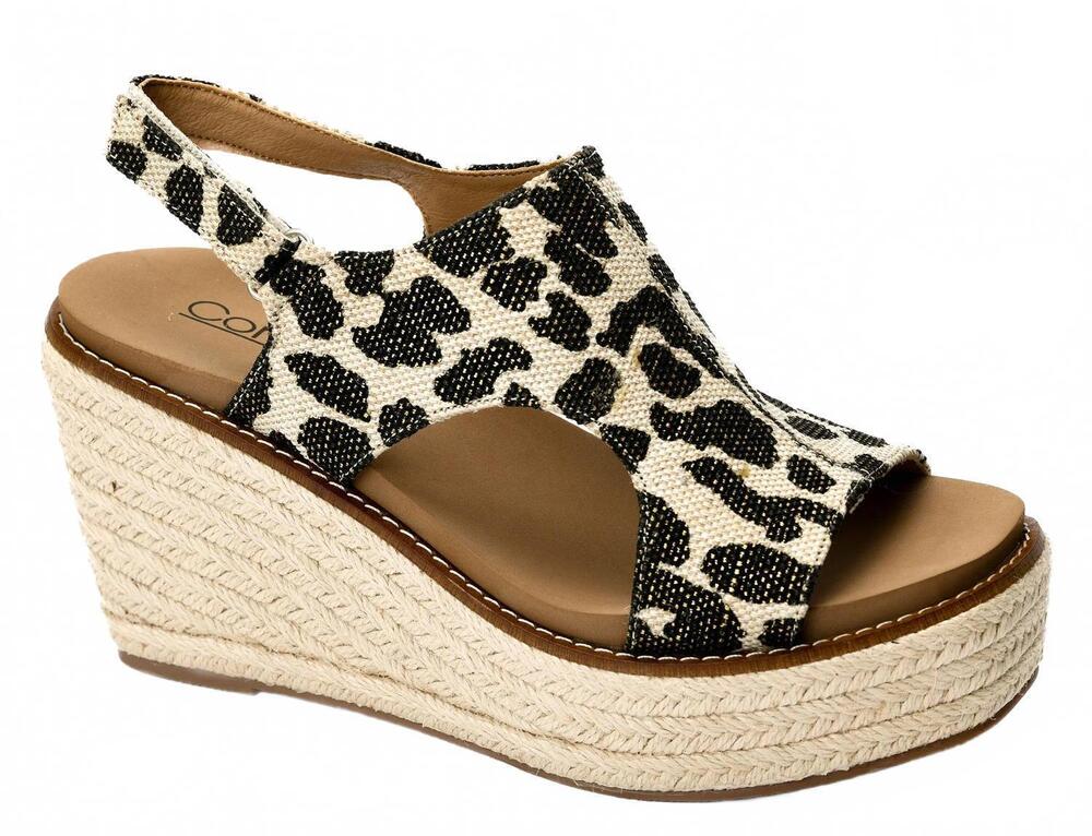 NEW CORKYS FOOTWEAR women's freddie wedges in black metallic leopard